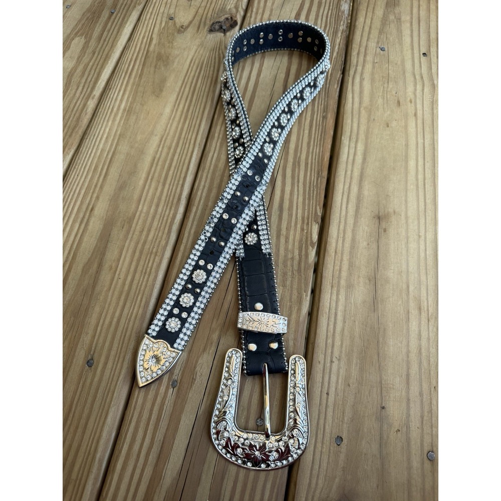 Angel Ranch Western Belt Womens Black Leather Floral Rhinestones SM